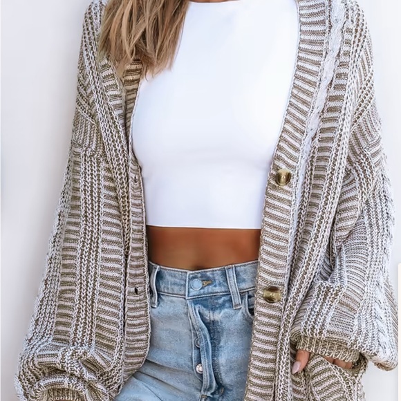 Cupshe Sweaters - Cupshe Striped Knit Cardigan - Beige and White